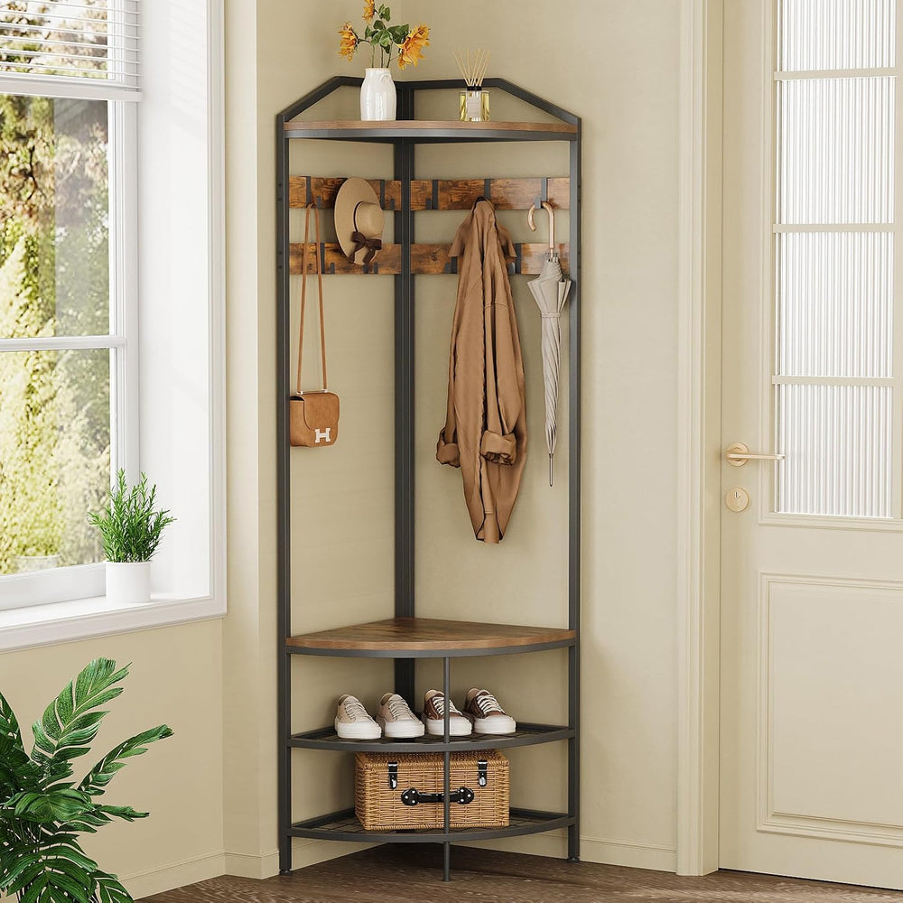 GiftGo Corner Hall Tree with Shoe Bench Entryway Coat Rack with 10 Metal Mova...