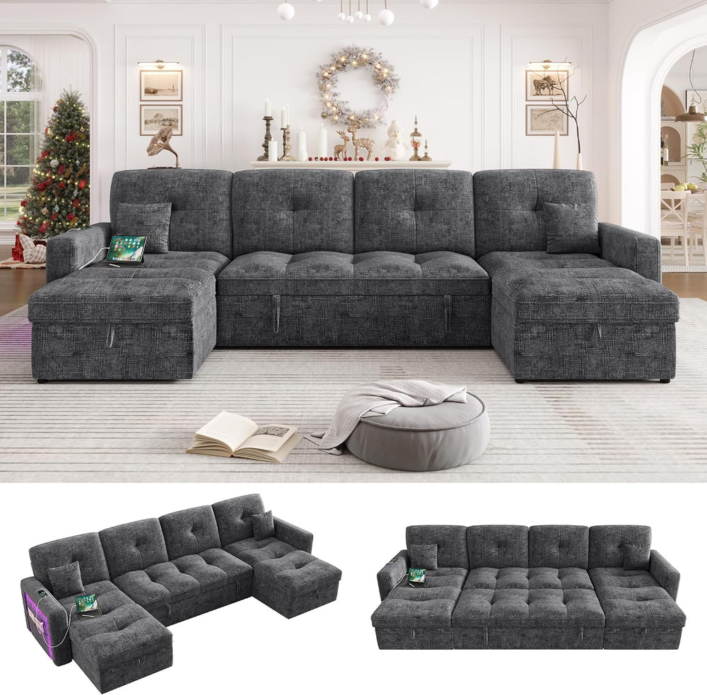 107'' LED U-Shaped Sectional Couch for Living Room, Sleeper Sofa Bed,...