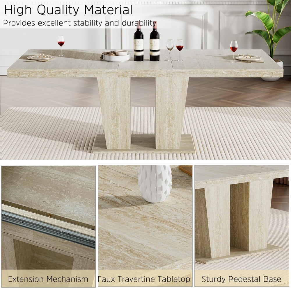 Modern Extendable Dining Table Set for 6, 78.74" Faux Travertine Expanda...