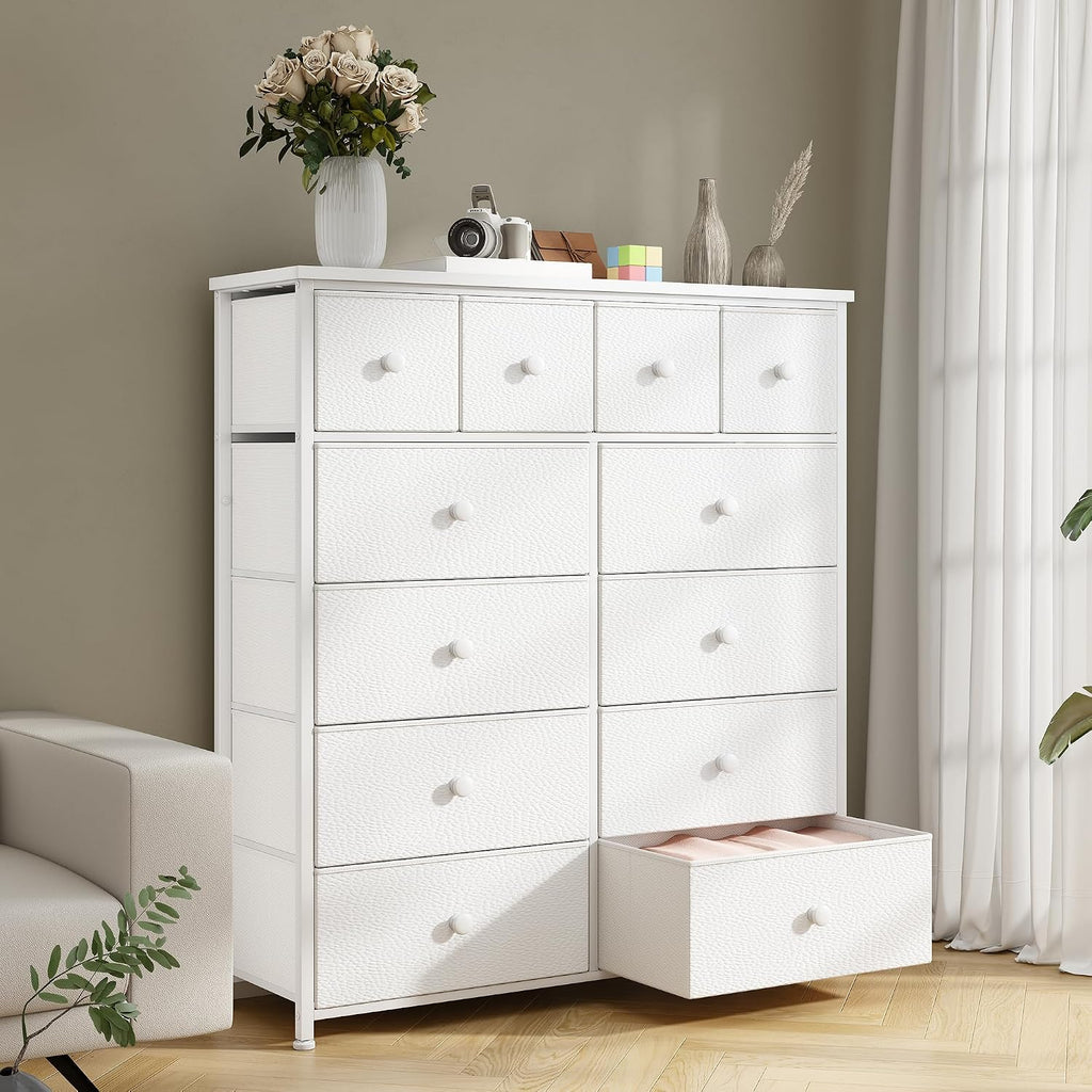 Bepatio Dresser for Bedroom with 12 Drawers, Fabric Dressers & Chest of Drawers with Sturdy Metal Frame, Wood Top, for Woman, 38.9" W x 11.8" D x 40.1" H (White)