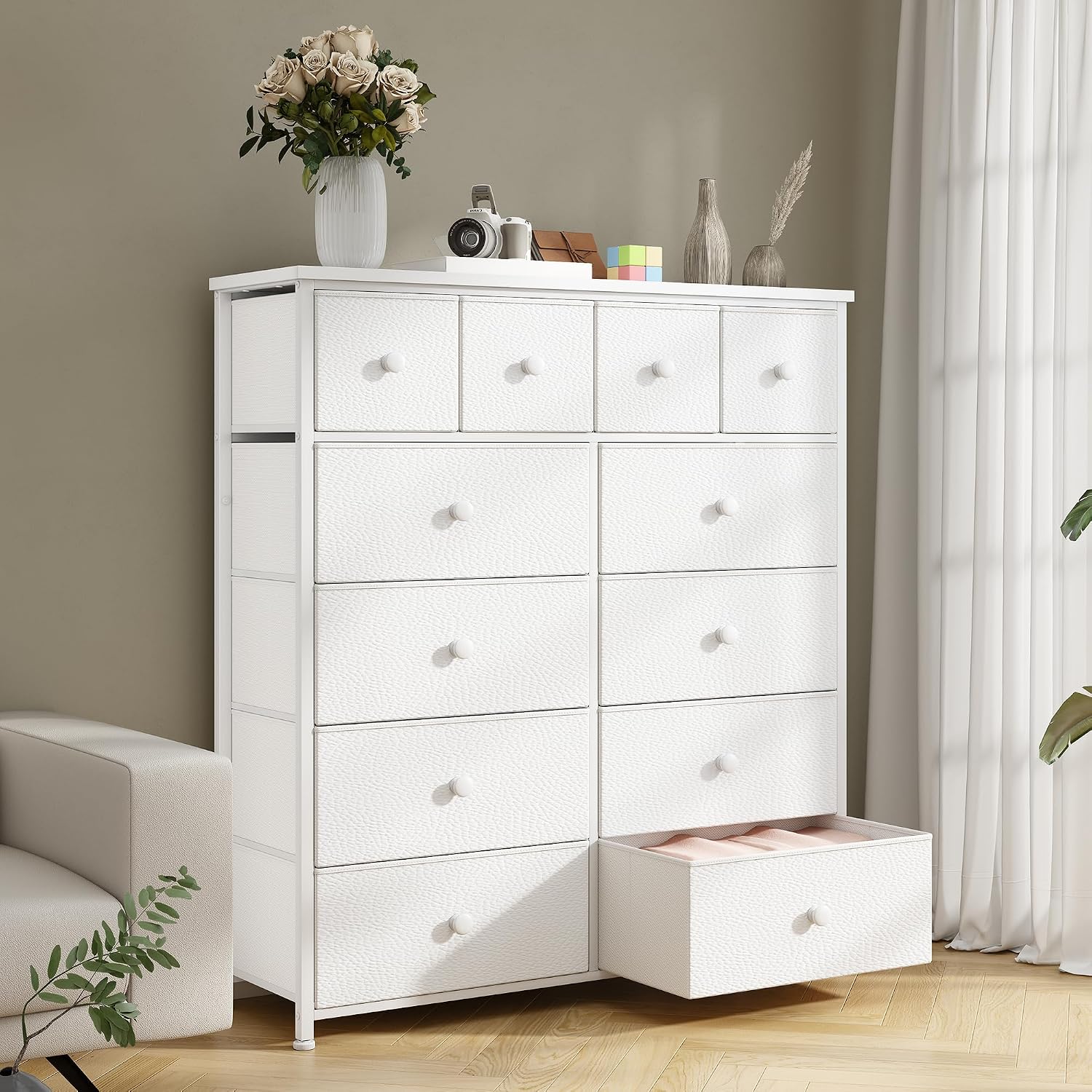 Bepatio Dresser for Bedroom with 12 Drawers, Fabric Dressers & Chest of Drawers with Sturdy Metal Frame, Wood Top, for Woman, 38.9" W x 11.8" D x 40.1" H (White)