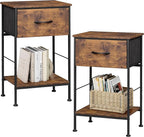 WLIVE Nightstand Set of 2, End Table with Fabric Storage Drawer and Open Wood Shelf, Bedside Furniture with Steel Frame, Side Table for Bedroom, Dorm, Rustic Brown Wood Grain Print, 25.03" Height