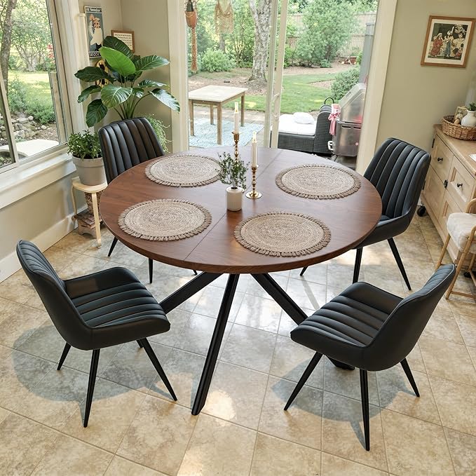 47.2" 5-Piece Round Dining Table Set for 4, Modern Wood Dining Table with 4 Upholstered Chairs, Kitchen & Dining Room Table Set with Metal Base for Apartment, Small Space, Walnut Table+4 Balck Chairs