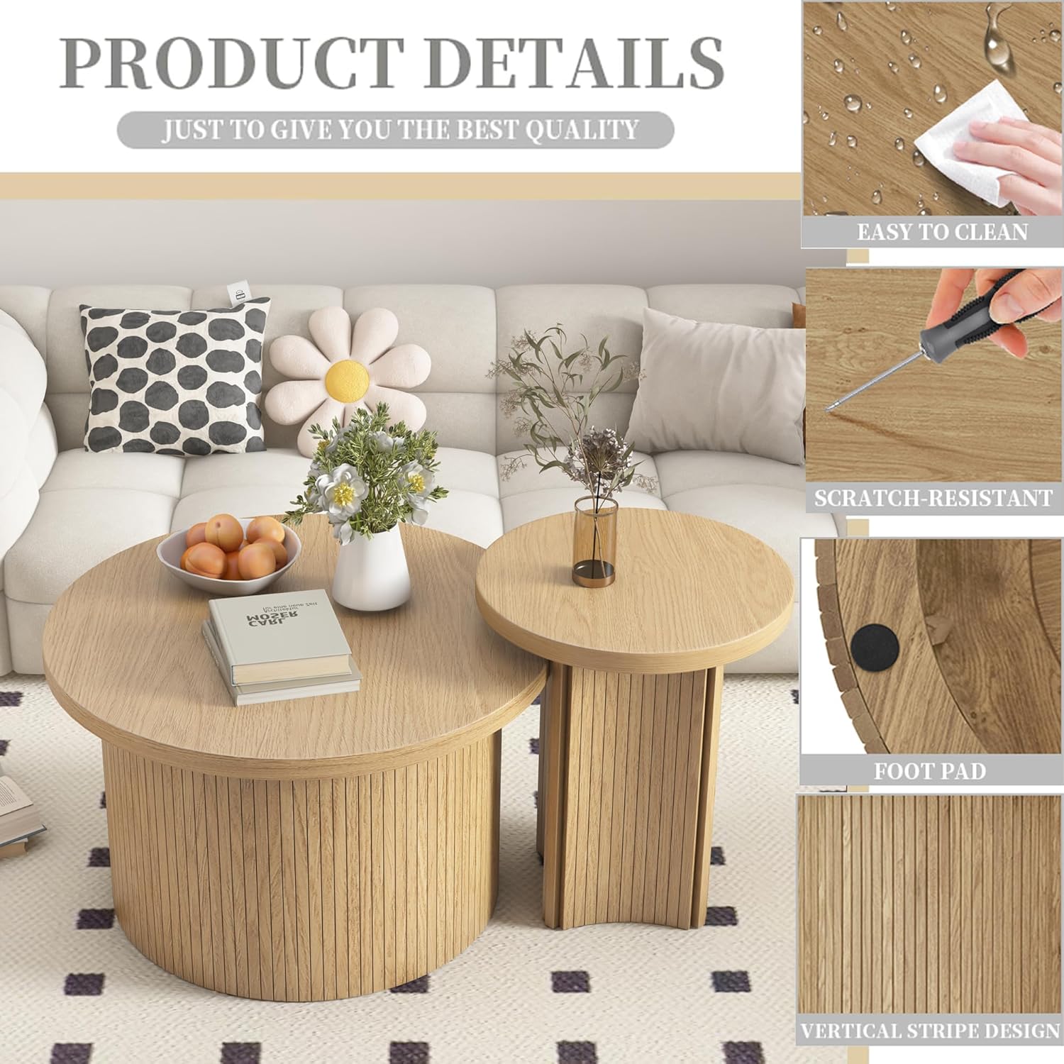 Mxtxmy Set of 2 Nesting Coffee Tables Farmhouse,Round Coffee Table Living Room,Wood Finish Coffee Table Set, Small Coffee Tables, Sofa Side Living Room Bedroom Coffee Side Table (Large Size - Set)