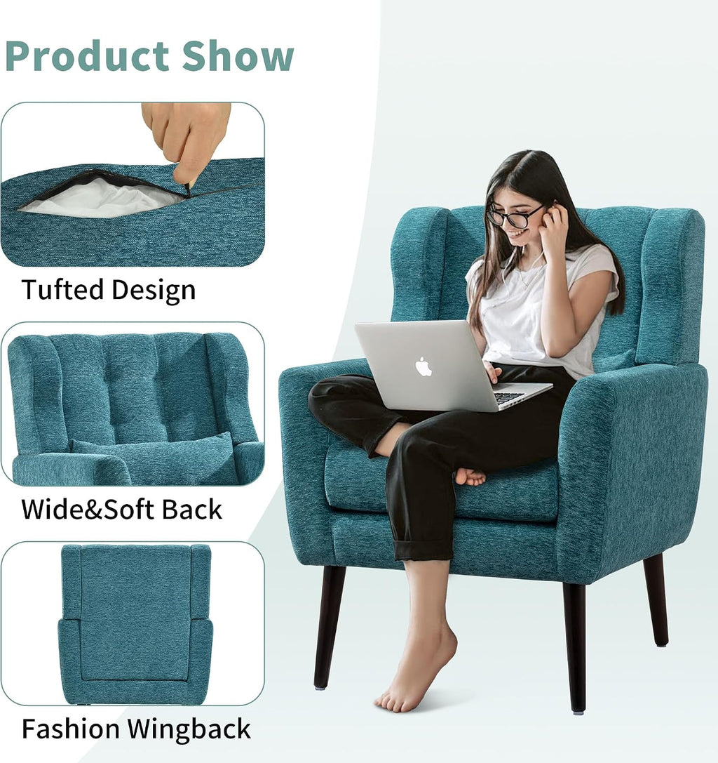 Modern Accent Chair, Upholstered Arm Chair with Waist Pillow, Single Sofa Chair for Living Room Bedroom Small Spaces (Teal)