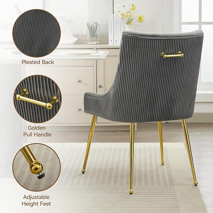 Velvet Dining Chairs Set of 2 Gold Legs,Upholstered Velvet Accent Chairs, Pleated Back Design & Gold Pull Handle, Mid Century Modern Chairs for Dining/Kitchen/Living Room,Light Grey