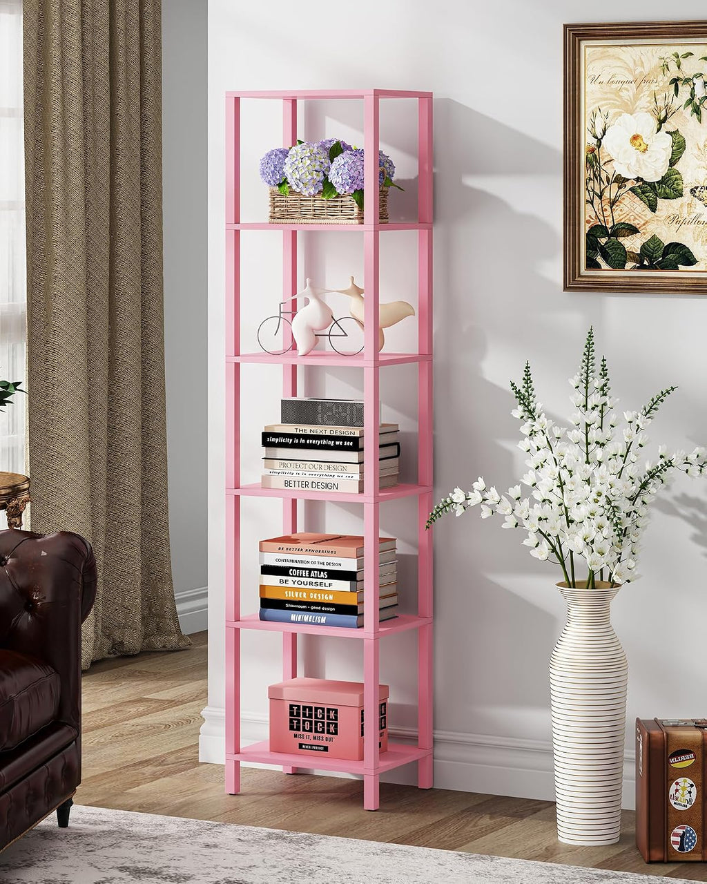 TUTOTAK Bookshelf, 6-Tier Tall Narrow Book Shelf for Small Space | 10.7 x 14.5 x 65.3 Inches Skinny Display Shelf with Storage for Living Room, Office, Study, Entryway, Pink BS01BP006