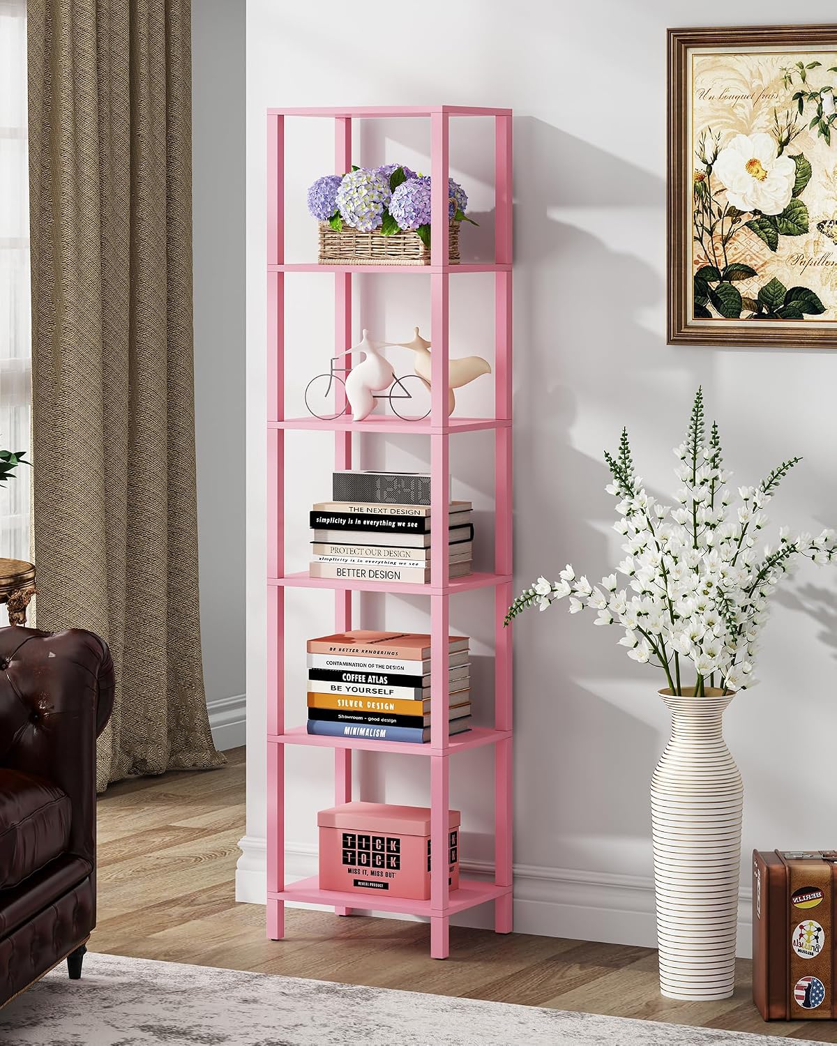 TUTOTAK Bookshelf, 6-Tier Tall Narrow Book Shelf for Small Space | 10.7 x 14.5 x 65.3 Inches Skinny Display Shelf with Storage for Living Room, Office, Study, Entryway, Pink BS01BP006