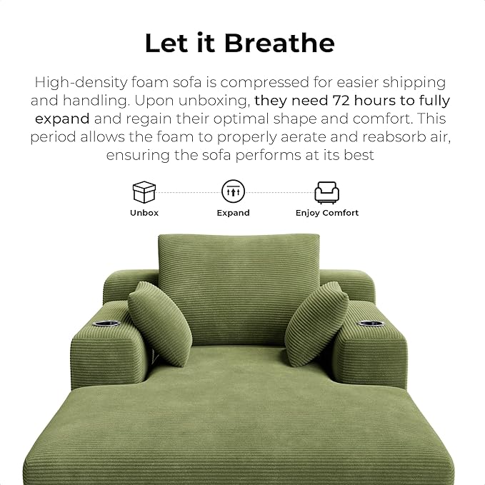 LIKIMIO 71.6" Oversized Chaise Lounge Chair Indoor with Cup Holders & Storage - Corduroy Sofa Bed for Living Room, Reading Nook, or Bedroom, No Assembly Cloud Couch (Green)