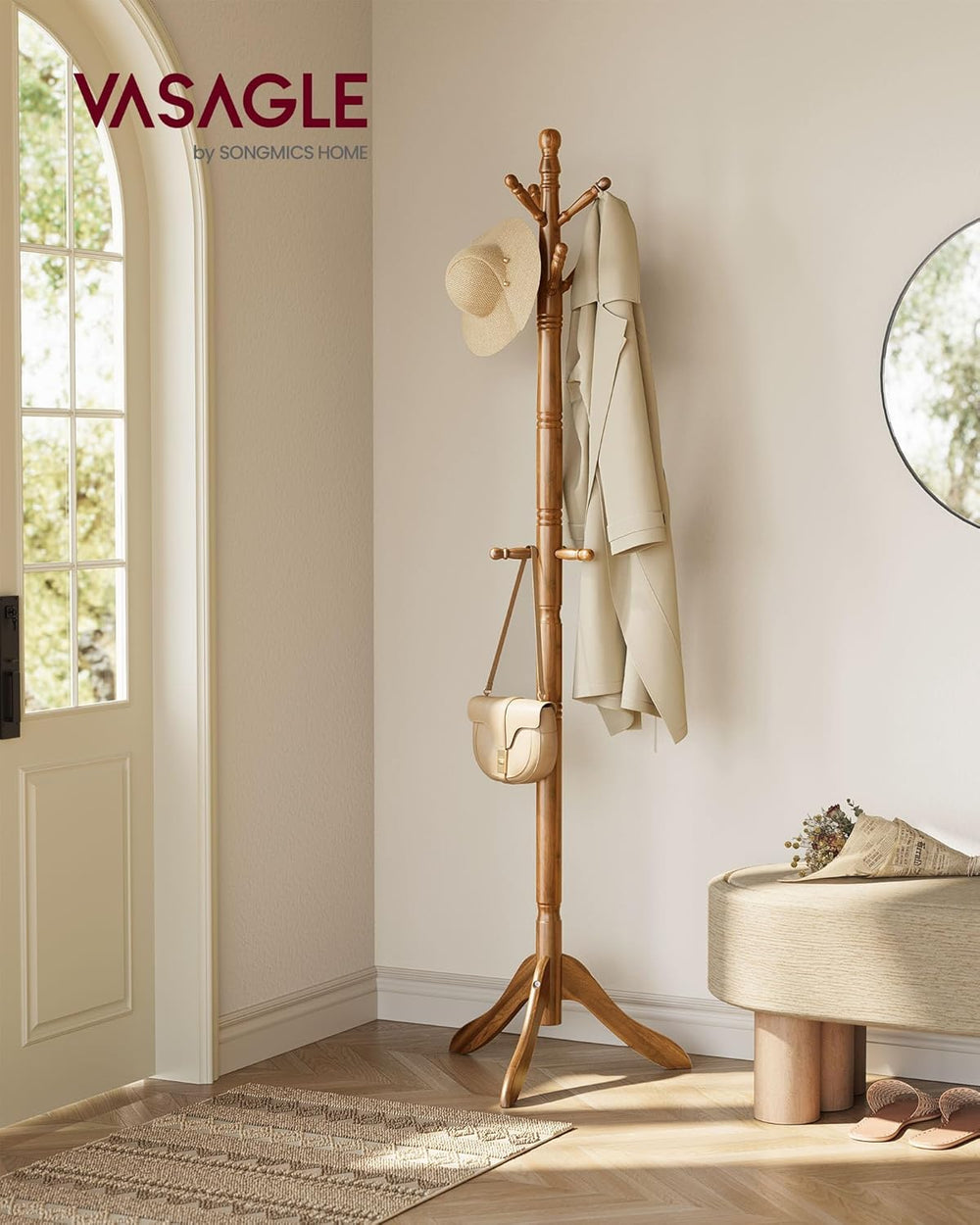 VASAGLE Solid Wood Coat Rack and Stand, Free Standing Hall Coat Tree with 10 ...