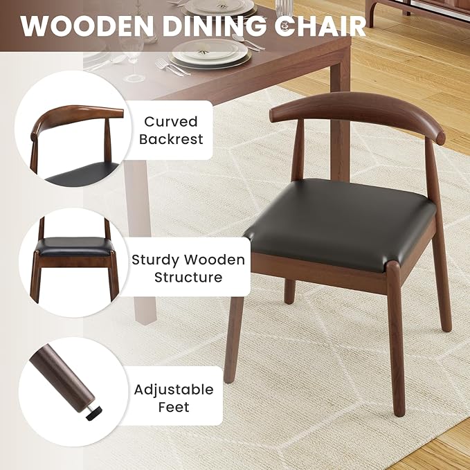 Farini Mid Century Modern Dining Chairs Set of 2, Solid Wood Frame Kitchen Chairs with PU Leather Upholstered Seat for Dining Room & Breakfast Nook，Walnut-Black