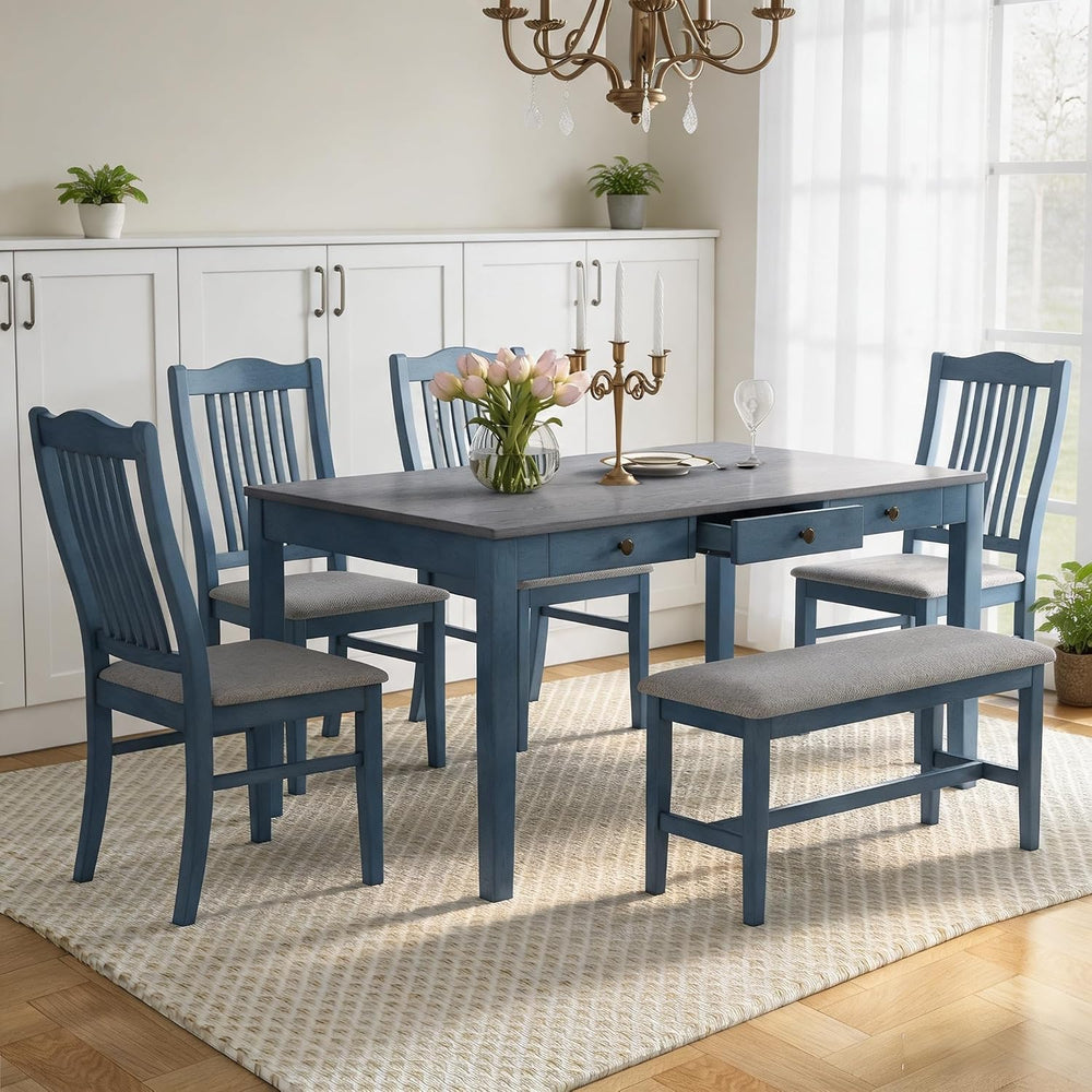 LUMISOL 6-Piece Dining Table Set with Bench, Farmhouse Solid Wood Kitchen Tab...