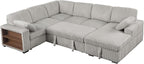 Eafurn Oversized U Shaped Convertible Sleeper Sectional Sofa w/Pull Out Couch Bed, 6 Seater Corduroy Upholstered Corner Lounge Sofa Couch Sleeper Sofabed w/Storage Chaise,Shelves