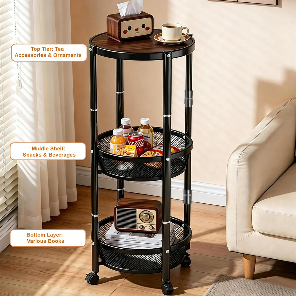 SYO 3-Tier Round Rolling Storage Cart, Foldable Metal Mesh Basket Shelving Un...