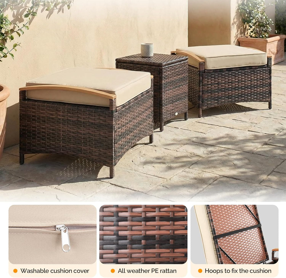 VINGLI 2 Pieces Rattan Ottoman with Storage, Wicker Patio Furniture w/Removab...