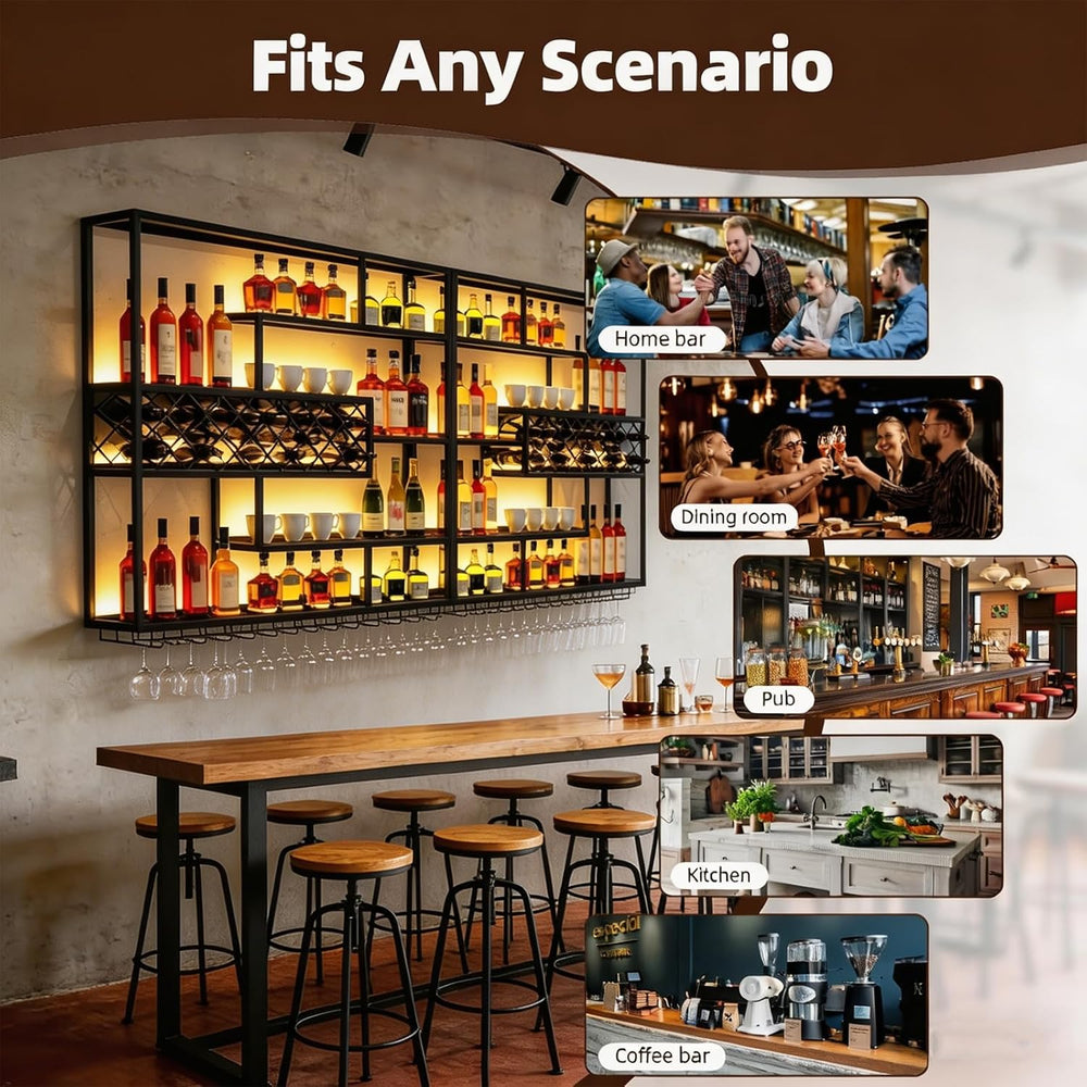 LED Wall Mounted Wine Rack with Glass Holder, Iron Bar Shelf | Warm LED Backl...