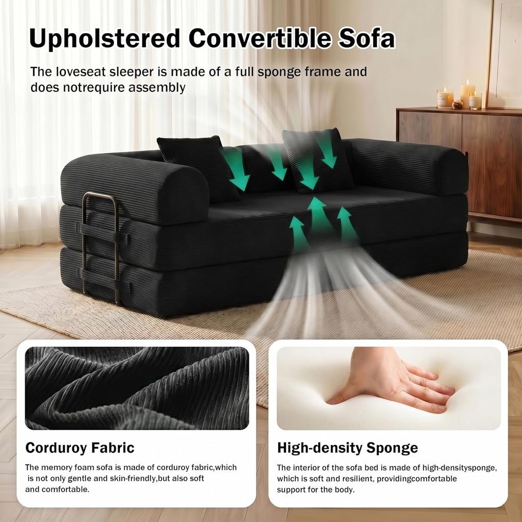 79" Convertible Sofa Bed, Futon Sleeper Sofa,Boneless Couch for Living Room | Corduroy Futon Sofa Bed, Modular Floor Couch with Pocket Springs and 2 Pillows, Couch Bed No Assembly | Black