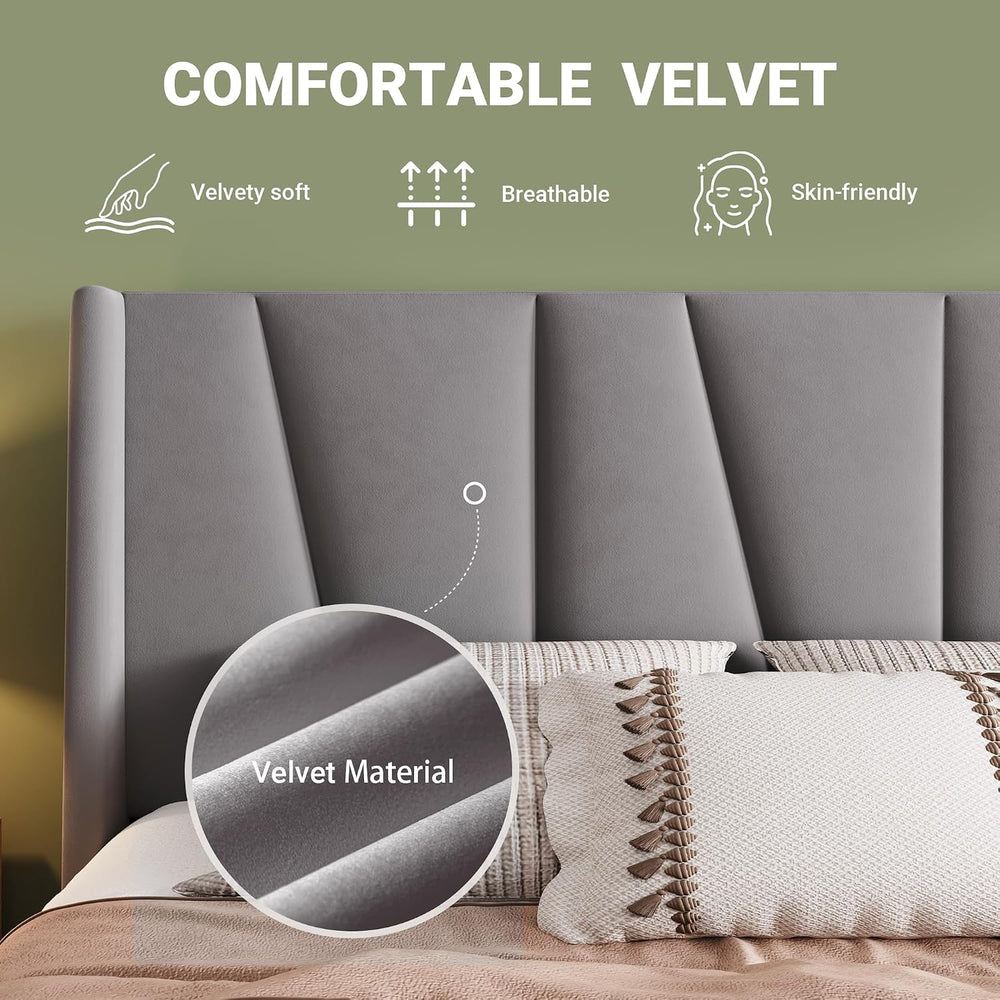 Allewie King Size Platform Velvet Bed Frame with Geometric Wingback Headboard...