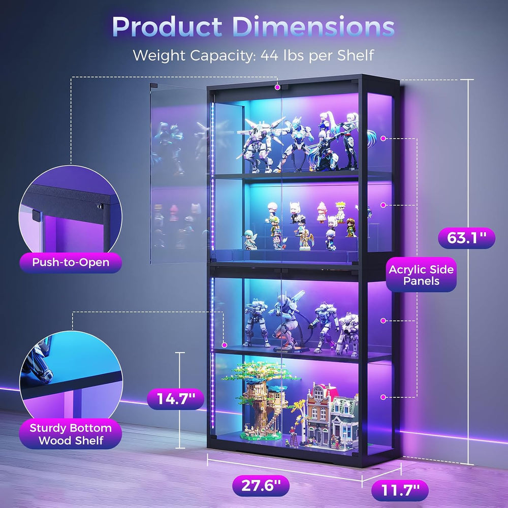 AODK Glass Display Cabinet with Glass Doors, RGB Light Display Case, 4-Tier S...