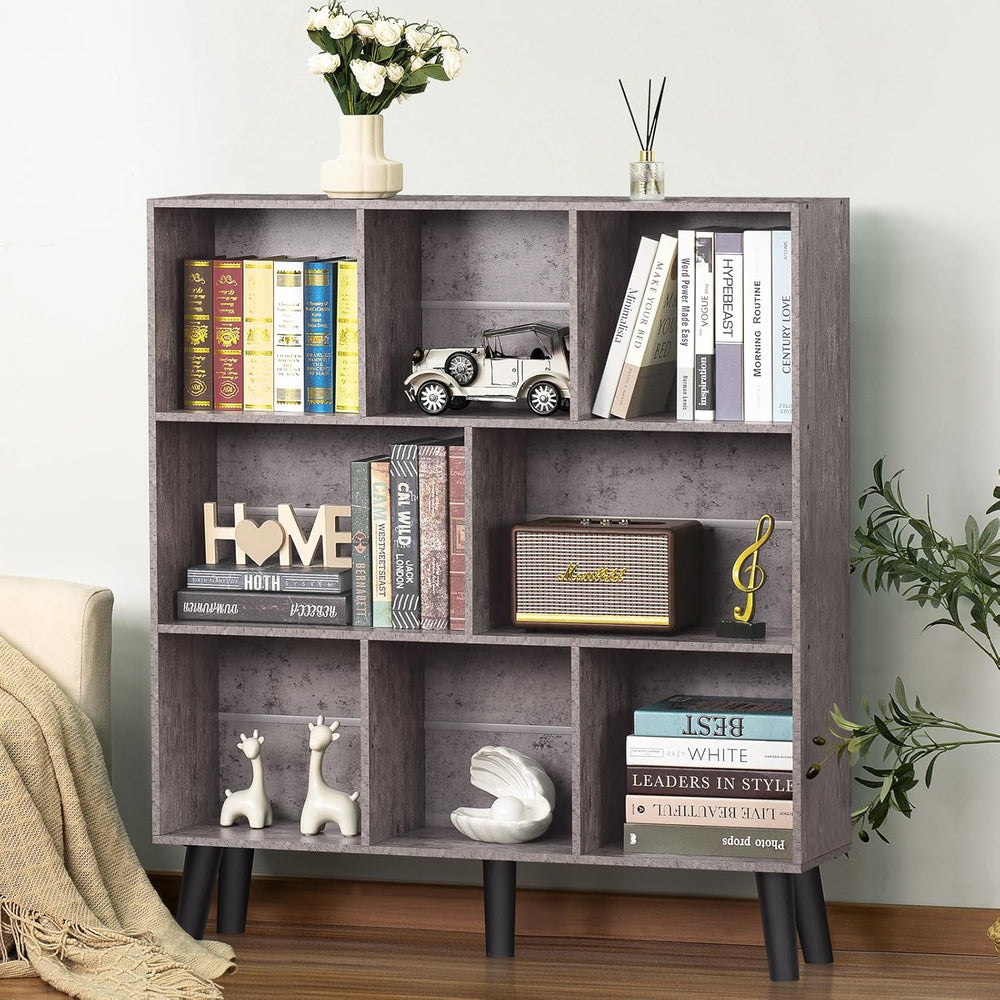 LEYAOYAO 8 Cube Bookshelf,Farmhouse Bookcase with Legs,Modern Dirty Grey Mid-...