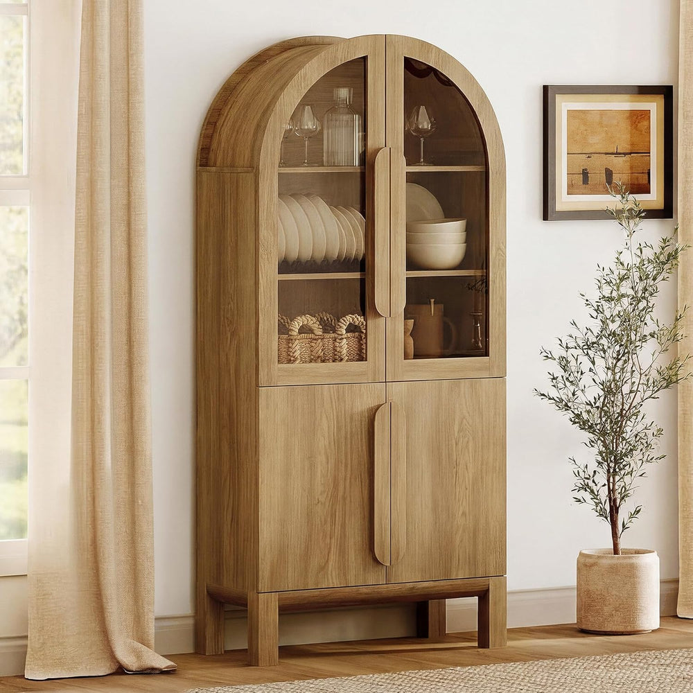 WAMPAT 71" Tall Arched Kitchen Pantry Cabinet with Glass Door, Modern Fa...