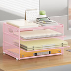 Subekyu Paper Letter Tray Organizer for Desk, Pink Metal Mesh Desk File Sorter Organizer with Handle and 2 Sliding Trays for Home Office School Supplies Organization