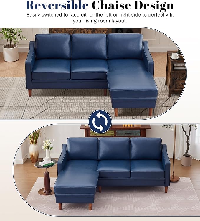 Kingfun 88" L-Shape Sofa, Chenille Sectional Couch, Mid Century Modern Couches with Solid Wood Frame for Living Room & Bedroom, Royal Blue