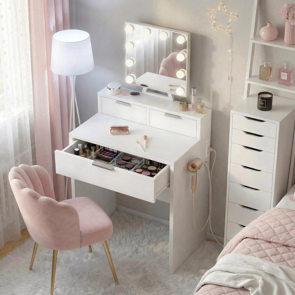 BOLUO White Makeup Vanity Desk with Hollywood Mirror and Lights, Girls Compac...