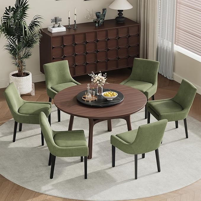 Modern Dining Chairs Set of 6, Upholstered Corduroy Dining Room Chairs with Wood Legs, Mid-Back Padded Kitchen Side Chairs for Dining Room, Green