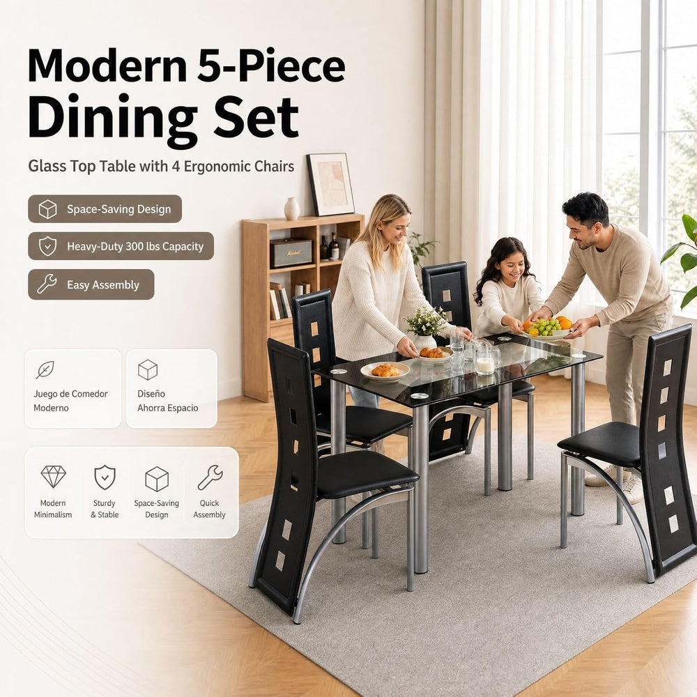 Karl home 5-Piece Dining Table Set, W/ 4 PVC Chairs & Glass Dining Table ...