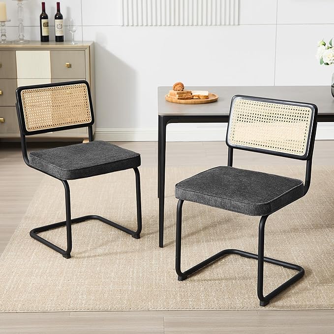 Zesthouse Natural Rattan Dining Chairs Set of 4, Mid Century Modern Dining Chairs with Solid Wood Back & Black Matte Base for Kitchen, Breuer Design Inspired, Upholstered Linen Fabric, Dark Grey
