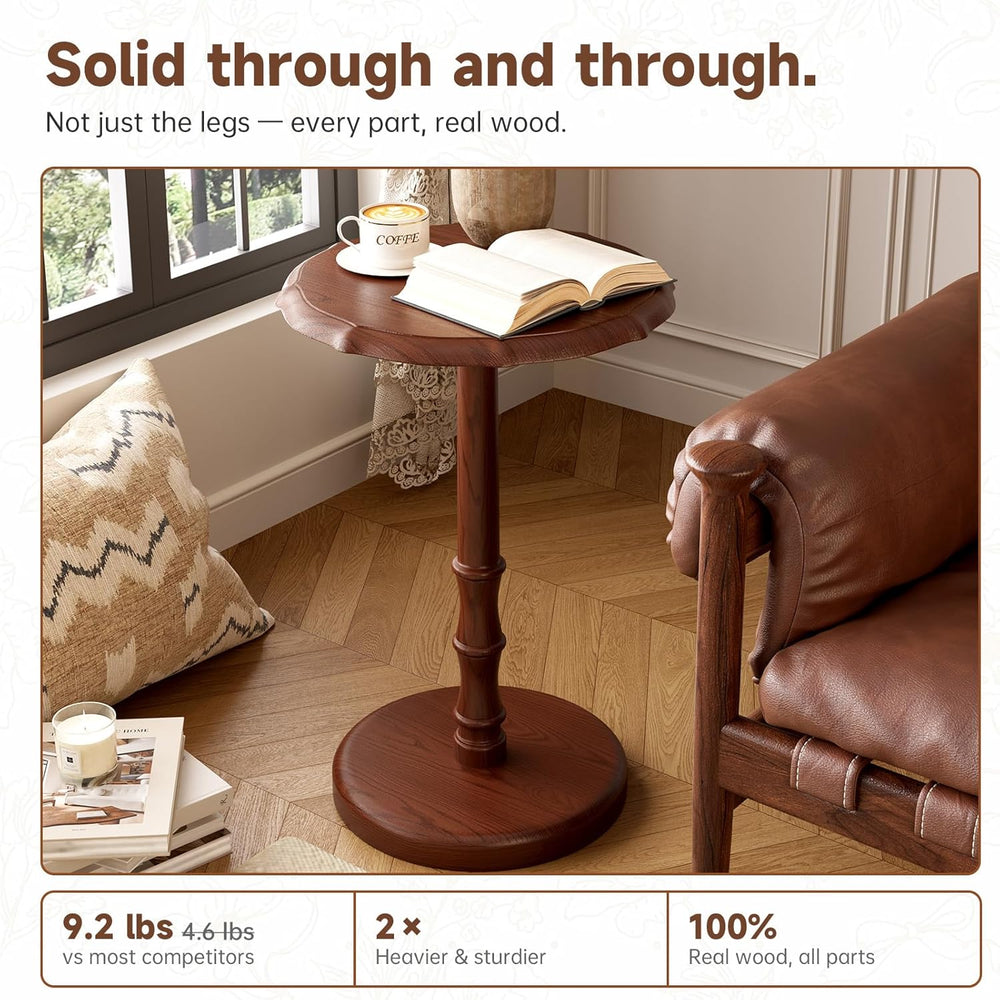 Vintage Pedestal Side Table, 100% Solid Wood Round End Table, Walnut | Small ...