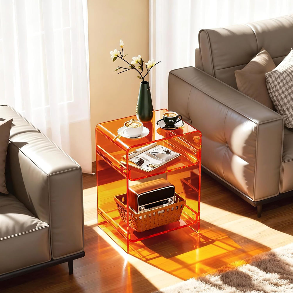 Acrylic Record Player Table with Storage Shelf, Clear Side Table Nightstand (...
