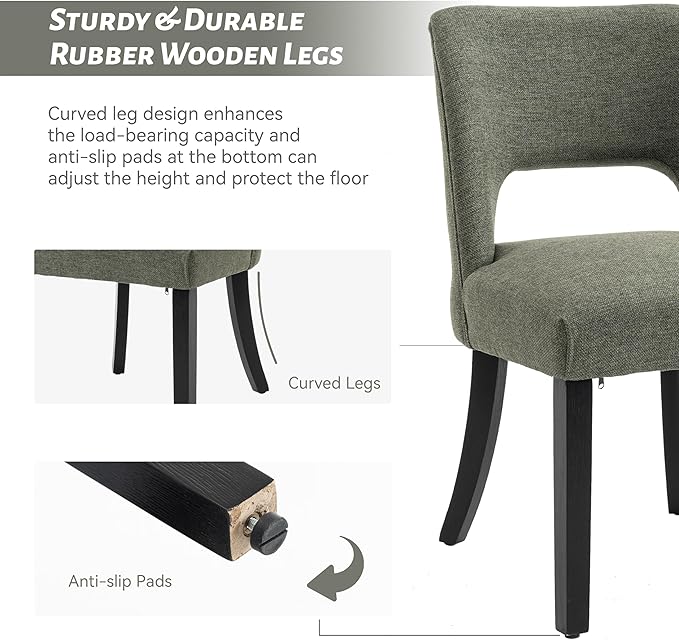 VKNOW Wooden Dining Chairs Set of 2, Modern Fabric Upholstered Dining Room Chair Kitchen Chairs, Farmhouse Dinner Chair for Kitchen Dining Room, Green-Black Legs