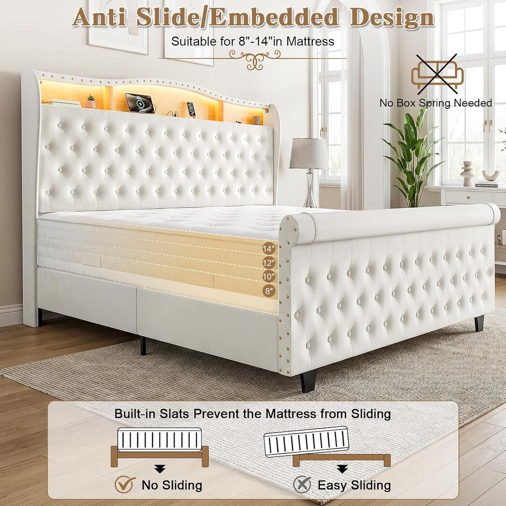 King Size Bed Frame with 51.2" Tall Lighted Storage Headboard and Chargi...
