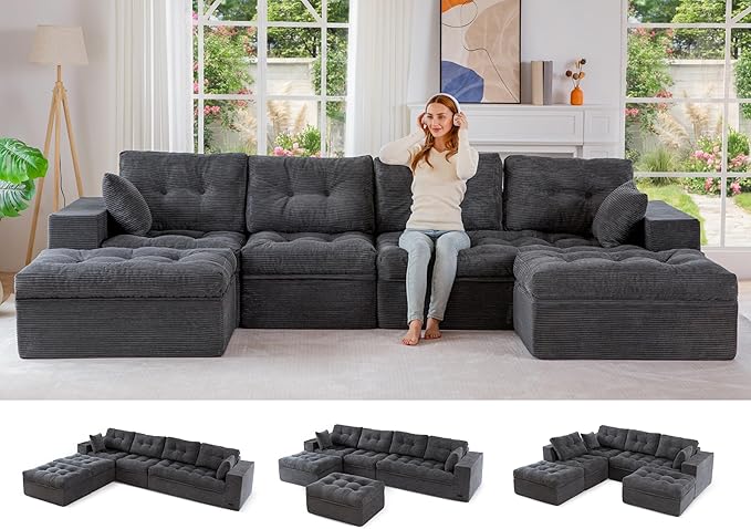 MAXYOYO 132" U Shaped Modular Sectional Sofa with 2 Ottomans, Cloud Boneless Couch with Layered Cushion, Flexible Module Combination Sofa for Living Room, No Assembly Required, Dark Grey