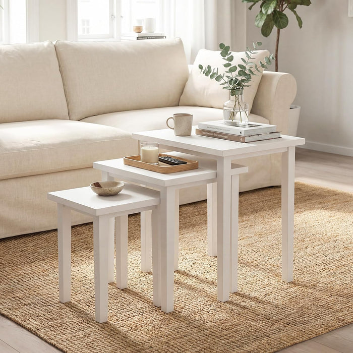 Giantex Nesting Tables Set of 3, Farmhouse Stacking Side Table with Rubber Legs, Wooden Rectangle Accent End Table, Nesting Coffee Tables for Living Room Bedroom (White)