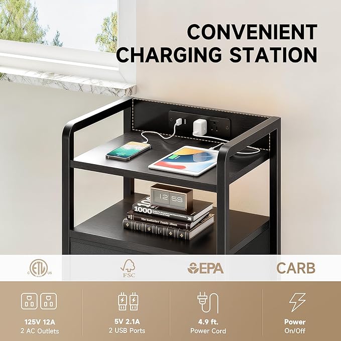 Night Stand Bedside Charger Bedroom - Nightstand with Charging Station & ...