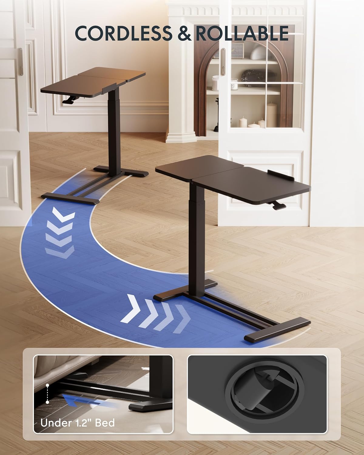 FLEXISPOT 32" Gas Spring C Table with Split Tilting Top,Mobile Side Table | Split tilting C table with hidden wheels for best angles. Mobile side table for sofa and bedside use. 31.6" W x 15.7" D,Black