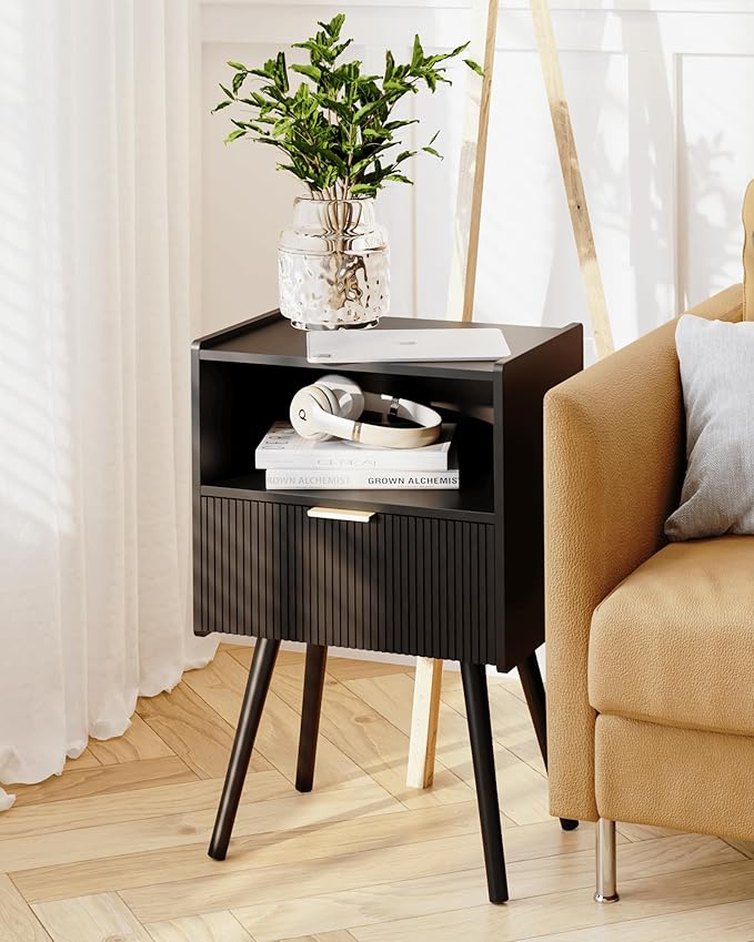 Black Nightstand,Modern Bedside Table with Storage Drawer and Open Wood Shelf...