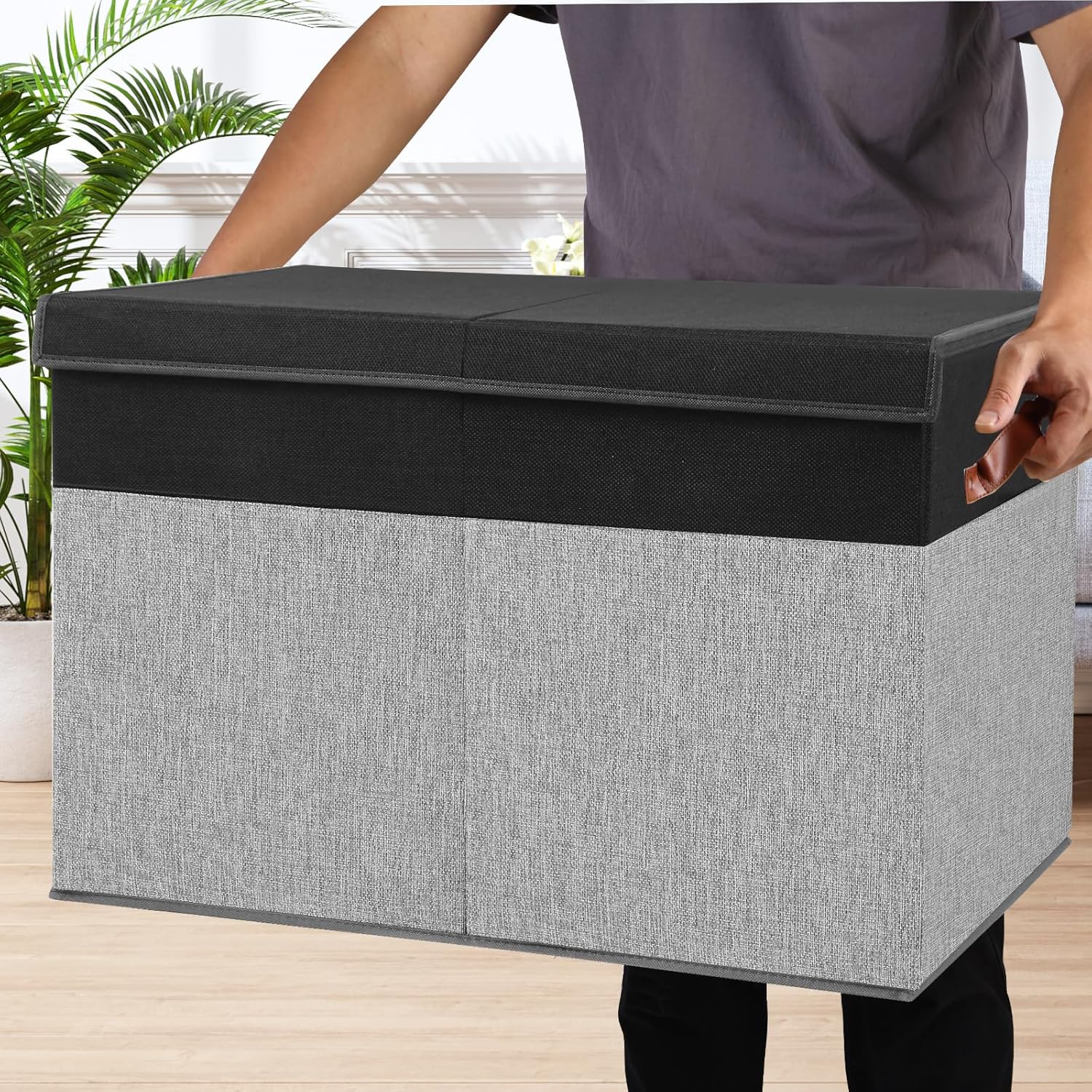 Large Toy Storage Box with Lid, Sturdy Toys Storage Chest Bin Organizer Basket with Dividers for Kids, Boys, Girls, Nursery, Closet, Bedroom, Playroom 26"x17" x17" (Black and Grey)