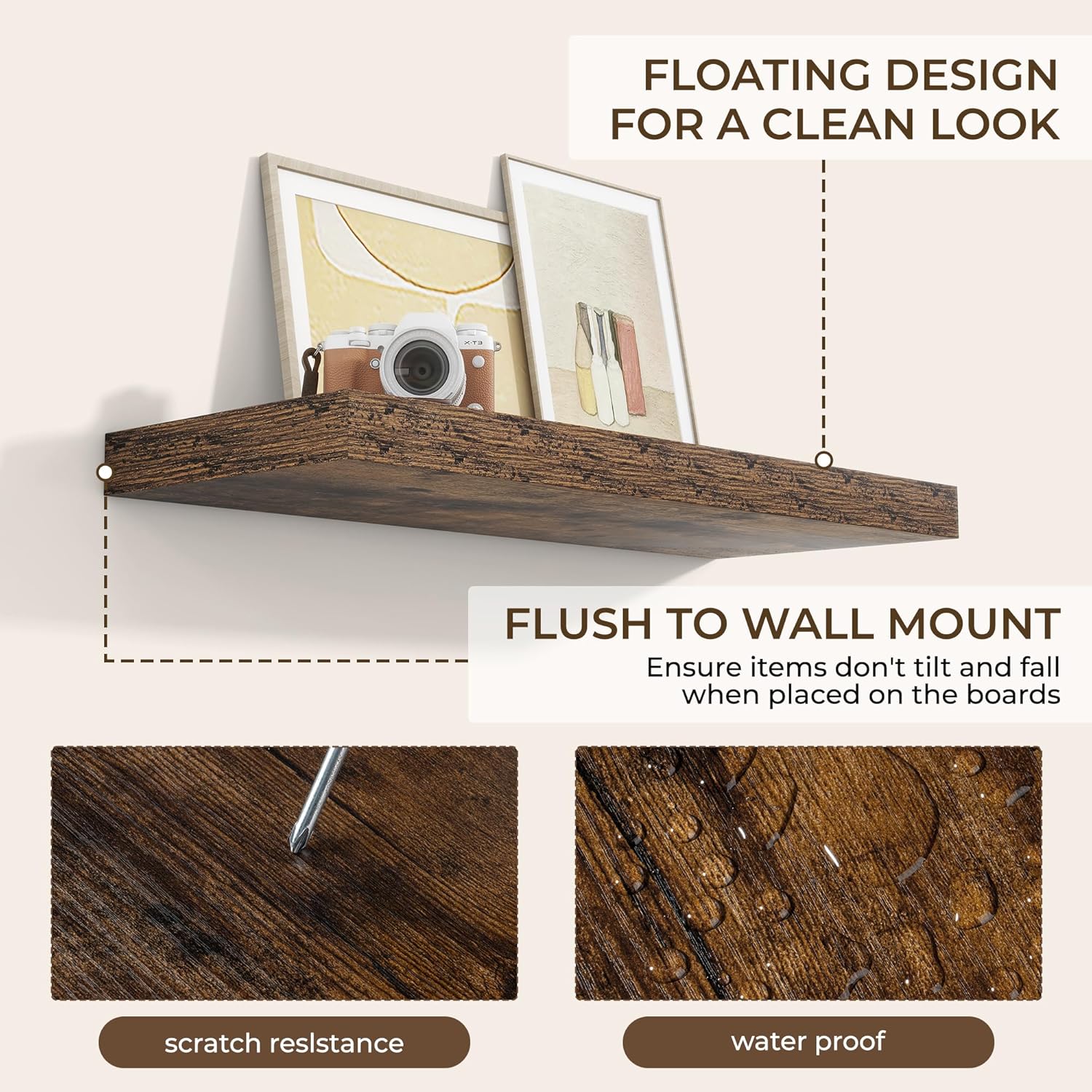 RICHFOCUS 36Inch Floating Shelves for Wall 2 Pack Shelves for Bedroom|Kitchen|Bathroom Wall Mounted Rustic Wood Floating Shelf with Invisible Brackets for Books|Storage|Decor, Rustic Brown