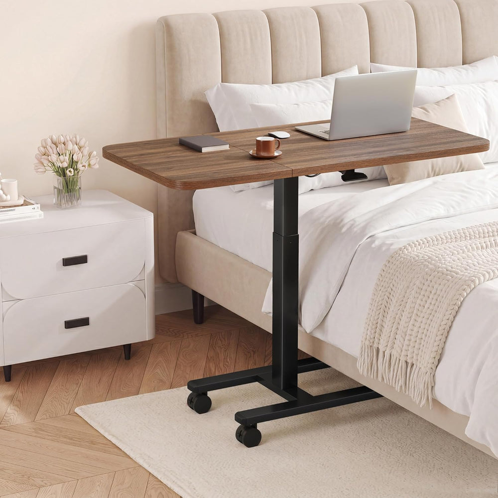 Homkdom C Shaped Table with Wheels, Side End Table with Extended Desktop, Adj...