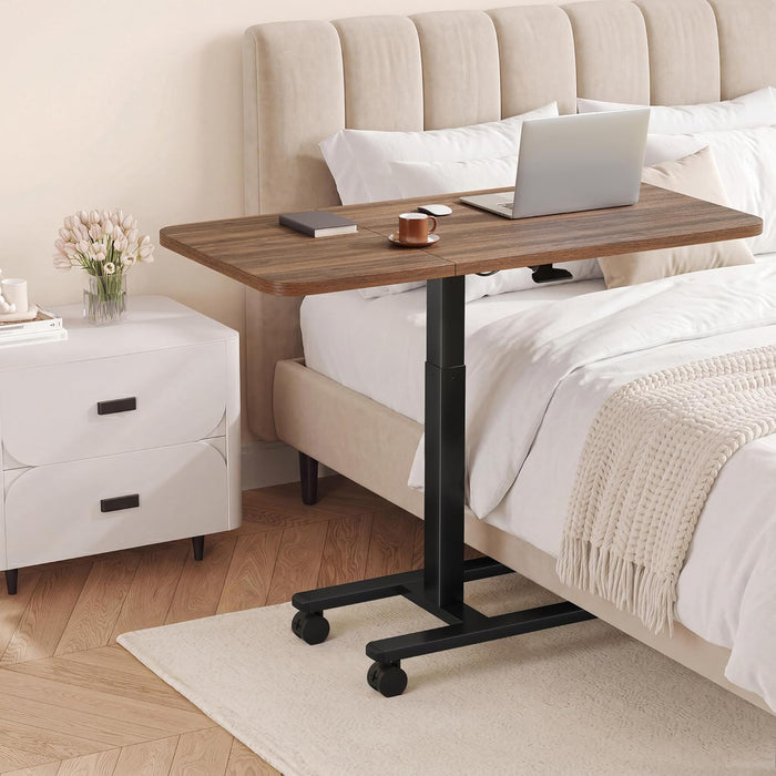 Homkdom C Shaped Table with Wheels, Side End Table with Extended Desktop, Adjustable Rolling Desk for Small Space, Dorm, Height Adjustment (29.5"-44"), Walnut Brown