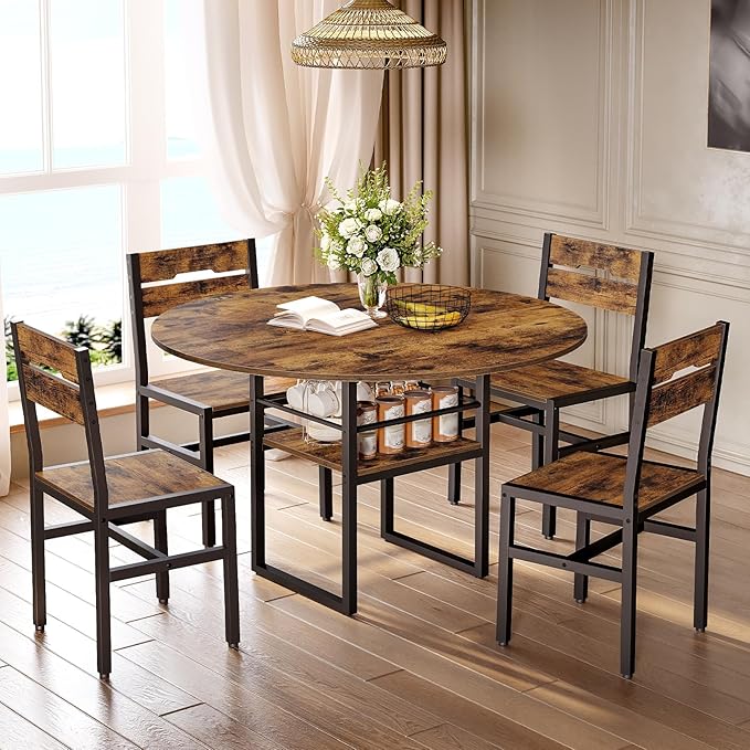 Round Dining Table Set for 4, Circle Kitchen Table and 4 Chairs, 5 piece Dining Table Set, with Wooden Tabletop and Widen Seat, Space Saving, for Dining Room, Rustic Brown and Black