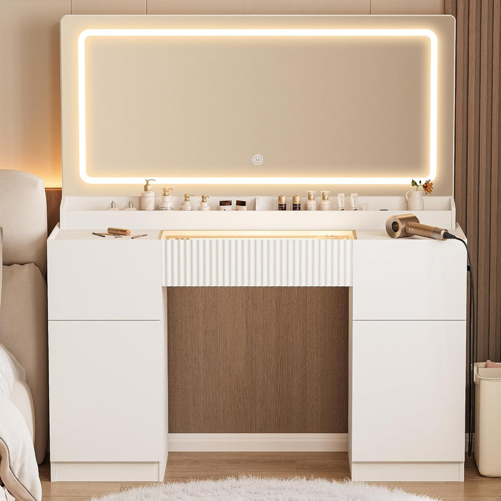INNOD 44" Vanity Desk with Large Mirror and Lights, Modern Glass Top Mak...