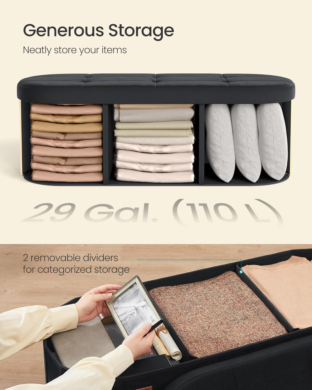SONGMICS Mazie Collection - Folding Ottoman with Storage, Oval Storage Ottoma...