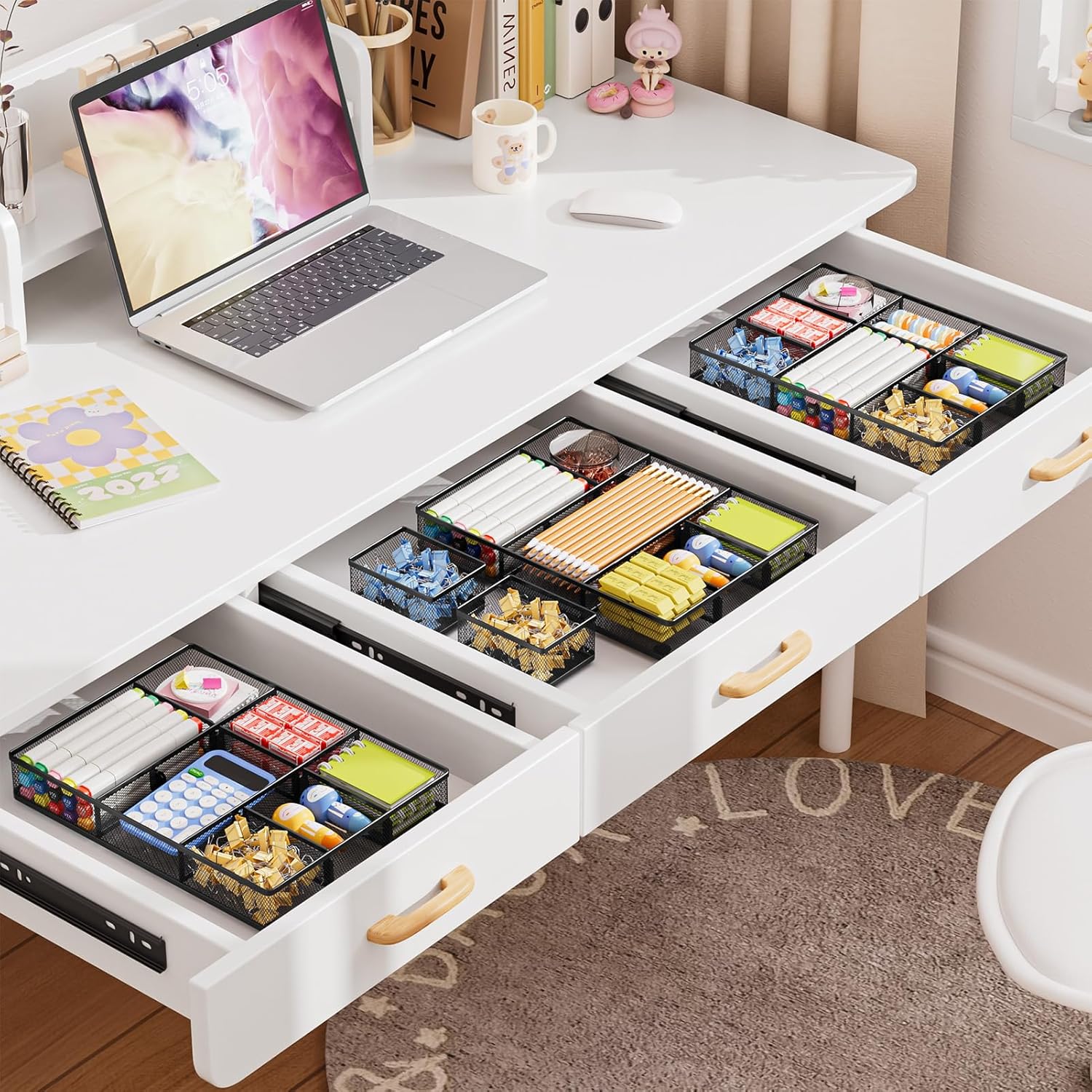 Marbrasse 3 Pack Desk Drawer Organizers with 9 Adjustable Compartments for Makeup, Office Supplies & Accessories (Black)