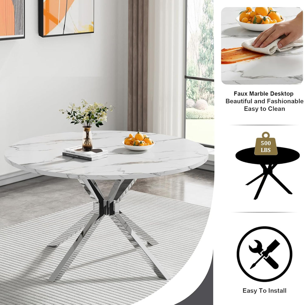 Round Faux Marble Dining Table for 4-6 Modern 47.2" Kitchen Table with S...