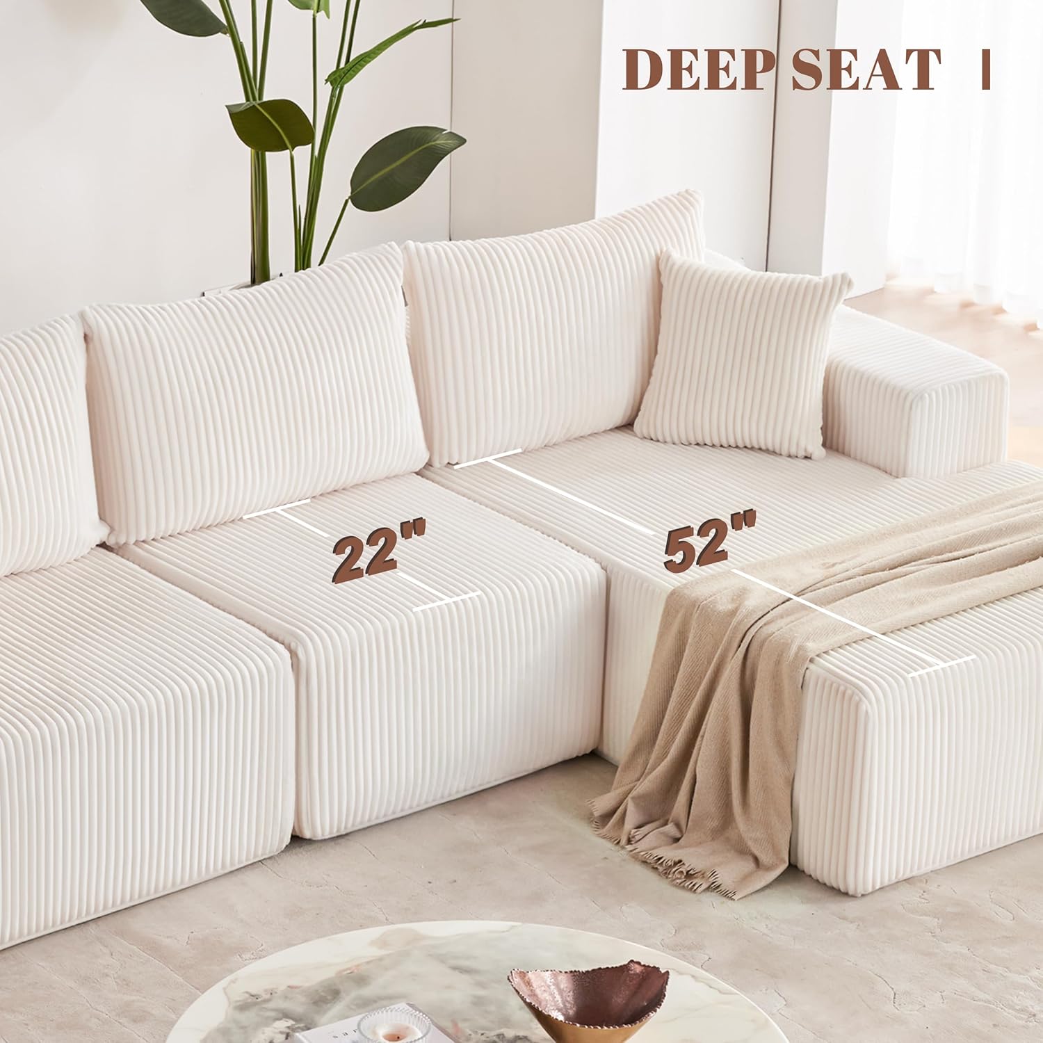 108" Boneless Couch with Chaise, Modular Sofa with Deep Seat, Beige | Deep Seat Modular Sectional Sofa for Living Room, Upholstered Corduroy Couch for Apartment, Convertible No Assembly Sofa
